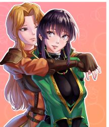 2girls absurdres armor arms_around_neck black_hair blonde_hair breastplate breasts cleavage eyvel fingerless_gloves fire_emblem fire_emblem:_thracia_776 fire_emblem_heroes gloves highres lewdybug long_hair looking_back mareeta_(astra_awakened)_(fire_emblem) mareeta_(fire_emblem) medium_breasts mother_and_daughter multiple_girls nintendo one_eye_closed pauldrons ponytail shoulder_armor upper_body