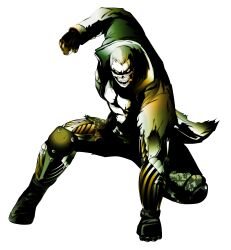 Rule 34 | 1boy, absurdres, bandana, bandana over mouth, black bandana, black boots, blue eyes, boots, bryan fury, camouflage, camouflage pants, clenched hands, cyborg, facing viewer, fingerless gloves, fujisawa tomio, game cg, gloves, green jacket, grey hair, hand on ground, heterochromia, highres, holding, holding weapon, jacket, knee pads, looking at viewer, male focus, mechanical arms, mechanical legs, official art, open clothes, open jacket, orange eyes, pants, scar, scar across eye, scar on face, short hair, simple background, single mechanical arm, skull print, solo, tekken, tekken 7, torn clothes, torn jacket, torn pants, torn sleeves, weapon, white background