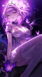 1girl absurdres asymmetrical_gloves bare_shoulders black_tiara blush bow breasts bright_pupils bug butterfly butterfly_on_hand castorice_(honkai:_star_rail) cleavage commentary dress elbow_gloves flower gloves hair_bow hair_flower hair_intakes hair_ornament highres honkai:_star_rail honkai_(series) insect large_breasts looking_at_viewer open_mouth pibag pink_flower pointy_ears purple_bow purple_butterfly purple_eyes purple_gloves purple_theme sidelocks single_elbow_glove sitting solo thighhighs tiara uneven_gloves white_dress white_pupils white_thighhighs