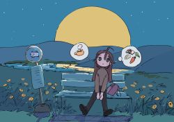 1girl 1nupool ahoge bag bench black_eyes blush_stickers brown_hair bus_stop_sign carrot commentary flower food full_moon handbag highres long_hair moon night night_sky original outdoors sitting sky solo soup speech_bubble thought_bubble
