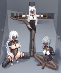 Rule 34 | 3girls, absurdres, animal ear fluff, animal ears, arms behind back, bdsm, black bow, black bowtie, black dress, black gloves, black leotard, black pantyhose, black thighhighs, blazer, blindfold, blush, bondage, bound, bound arms, bound legs, bow, bowtie, breast bondage, breasts, cat ears, collar, collared shirt, cross, crotch rope, crucifixion, dress, frilled dress, frills, gag, gag under mask, gagged ball gag, gloves, grey hair, highres, hitachi magic wand, jacket, large breasts, leash, leg up, leotard, long hair, mask, medium breasts, multiple girls, no shoes, open mouth, original, pantyhose, pleated skirt, pointy ears, restrained, sex toy, shibari, shibari over clothes, shirt, shrug (clothing), sidelocks, sitting, skindentation, skirt, slave, spread legs, squatting, standing, stirrup legwear, suspension, t zhonglang, thigh strap, thighhighs, toeless legwear, very long hair, vibrator, white hair, white shirt, wiffle gag