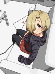 10s 1girl 3d bags_under_eyes black_thighhighs blonde_hair blush brown_eyes ear_piercing earrings female_focus from_above gazacy_(dai) hair_over_one_eye heart highres hood hoodie idolmaster idolmaster_cinderella_girls jewelry long_sleeves looking_at_viewer looking_up piercing plaid_clothes plaid_skirt pleated_skirt shirasaka_koume short_hair sitting skirt sleeves_past_wrists smile solo thighhighs