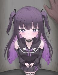 1girl 1other absurdres against_wall bare_shoulders black_skirt black_sleeves blunt_bangs blush bow center-flap_bangs choker colored_inner_hair commentary cross cross_choker dark_skin detached_sleeves dot_nose eyeliner eyeshadow fishnets from_above hair_bow hand_on_wall heart heart_hands highres hime_cut index_fingers_together jirai_kei kabedon lace lace-trimmed_shirt lace_trim long_sleeves looking_at_viewer makeup mascara multicolored_hair own_hands_together pale_skin pleated_skirt pov pov_hands purple_eyeshadow purple_hair purple_ribbon ribbon shirt skirt solo_focus standing strapless strapless_shirt sweatdrop symbol-shaped_pupils tojji_(ktetouji) translation_request tuyu_(band) two_side_up under_kids x x-shaped_pupils