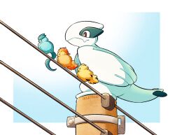 alternate_size animal articuno bird brown_eyes closed_mouth creatures_(company) fang game_freak gen_1_pokemon gen_2_pokemon highres legendary_pokemon lugia moltres nintendo no_humans outdoors photo-referenced pokemon pokemon_(creature) power_lines skin_fang smile teletelo two-tone_background zapdos