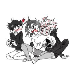 1girl 2boys angry ayase_momo black_hair black_pants black_skirt blush breasts clenched_teeth controller dandadan dual_persona food food_in_mouth furry game_controller glasses hair_between_eyes head_on_another&#039;s_shoulder highres holding holding_controller holding_game_controller indian_style jealous kneeling medium_breasts medium_hair multiple_boys pants popsicle popsicle_in_mouth red_eyes red_hair round_eyewear shirt short_hair shorts sitting sketch skirt takakura_ken_(dandadan) takakura_ken_(transformed)_(dandadan) tamatan97 teeth toeless_legwear white_background white_hair white_pants white_shirt