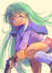 1girl ayanokouji_rem blue_eyes capelet dream_hunter_rem green_hair guma gun handgun highres leg_up long_hair miniskirt panties panty_peek pink_shirt purple_capelet red_skirt shirt skirt smile socks solo standing standing_on_one_leg thighs underwear weapon white_panties white_socks