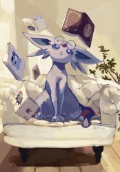 armchair bbibebe bespectacled book chair commentary_request eevee espeon forehead_jewel forked_tail full_body gen_1_pokemon gen_2_pokemon gengar glasses hat highres indoors looking_up nintendo no_humans on_chair open_book plant pokemon pokemon_(creature) purple_eyes reading round_eyewear santa_hat seel signature sitting smile solo starmie tail telekinesis twitter_username