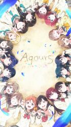 Rule 34 | ahoge, aida rikako, aotsubaki toto, beach, black hair, blonde hair, blue eyes, blue hair, blush, bow, bowtie, braid, brown hair, closed eyes, everyone, falute, feathers, from above, furihata ai, gem, green eyes, green neckerchief, grey hair, hair ornament, hand up, highres, holding hands, inami anju, kobayashi aika, komiya arisa, kunikida hanamaru, kurosawa dia, kurosawa ruby, light particles, long hair, long sleeves, looking at viewer, love live!, love live! sunshine!!, lying, matsuura kanan, multiple girls, neckerchief, necktie, ohara mari, on back, orange hair, pink eyes, pointing, ponytail, purple eyes, purple hair, red bow, red bowtie, red eyes, red hair, saitou shuka, sakurauchi riko, salute, sand, sand writing, short hair, short twintails, signature, skirt, smile, suwa nanaka, suzuki aina (voice actor), takami chika, takatsuki kanako, tsushima yoshiko, twintails, voice actor, watanabe you, yellow eyes