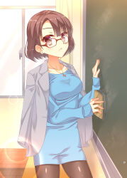 1girl :&lt; black_pantyhose blue_dress blunt_bangs blush board_eraser breasts brown_eyes brown_hair chalkboard classroom closed_mouth collarbone colored_eyelashes commentary_request cowboy_shot cross cross_necklace dress earrings eyes_visible_through_hair frown fuyukichi_(nikoniko1567) glasses grey_jacket hands_up highres hisashima_kanae impossible_clothes indoors jacket jacket_on_shoulders jewelry large_breasts lens_flare looking_at_viewer mature_female necklace pantyhose red-framed_eyewear sanoba_witch short_dress short_hair sleeves_past_wrists solo stud_earrings sweater sweater_dress teacher window wiping