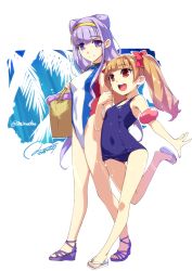 Rule 34 | 10s, 2girls, aisaki emiru, bag, blue one-piece swimsuit, bow, brown hair, casual one-piece swimsuit, cone hair bun, dated, double bun, full body, hair bow, hair bun, hairband, hiiro yuki, hugtto! precure, inflatable armbands, long hair, multicolored swimsuit, multiple girls, one-piece swimsuit, precure, purple eyes, purple footwear, purple hair, red eyes, round teeth, ruru amour, sandals, school swimsuit, signature, swimsuit, teeth, toeless footwear, turtleneck, twintails, upper teeth only, walking, yellow hairband