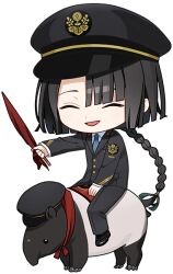 Rule 34 | 1boy, artist request, black hair, black hat, black jacket, black pants, black shoes, black suit, braid, braided ponytail, chibi, chibi only, closed eyes, collared shirt, fate/grand order, fate (series), flag, formal clothes, full body, gloves, hat, holding, holding flag, jacket, long hair, long sleeves, male focus, necktie, official art, open mouth, pants, peaked cap, promotional art, riding, riding animal, second-party source, shirt, shoes, sibuxiang (fate), single braid, sitting, smile, solo, suit, taigong wang (fate), tapir, train conductor, transparent background, white gloves, white shirt