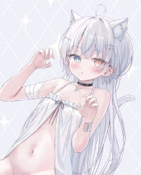 1girl absurdres animal_ear_fluff animal_ears argyle_background babydoll bandaged_arm bandages blue_eyes bottomless bracelet cat_ears cat_girl cat_tail claw_pose collar crotch ear_piercing earrings expressionless extra_ears fang flat_chest front_slit hair_ornament heterochromia highres jewelry long_hair looking_at_viewer navel original parted_lips piercing raodu skin_fang stomach tail white_babydoll white_hair yellow_eyes