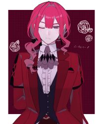 1boy ;/ arm_at_side arm_behind_back ascot baobhan_sith_(fate) black_ribbon black_vest border center-flap_bangs center_frills collared_shirt drill_hair drill_ponytail earrings fang fate/grand_order fate_(series) floral_background frills genderswap genderswap_(ftm) grey_ascot grey_eyes hair_intakes hair_over_shoulder hair_ribbon highres jacket jewelry lapels long_hair long_sleeves looking_at_viewer low_ponytail male_focus notched_lapels one_eye_closed open_clothes open_jacket outside_border pink_hair pointy_ears ponytail red_background red_jacket ribbon shirt sidelocks skin_fang sleeve_garter solo straight-on sumi_(gfgf_045) tassel tassel_earrings upper_body vest wavy_hair white_border white_shirt