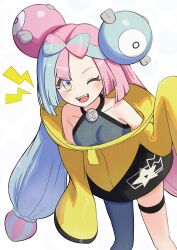 Rule 34 | 1girl, ;d, absurdres, blush, bow-shaped hair, breasts, character hair ornament, collarbone, hair ornament, hand up, happy, highres, iono (pokemon), jacket, long hair, looking at viewer, moaikeidai2, multicolored hair, nintendo, one eye closed, open mouth, pink hair, pokemon, pokemon sv, shirt, single leg pantyhose, sleeveless, sleeveless shirt, smile, solo, teeth, thigh strap, tongue, twintails, two-tone hair, upper teeth only, yellow jacket