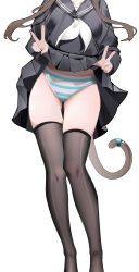 1girl absurdres black_sailor_collar black_serafuku black_shirt black_skirt black_thighhighs brown_hair chinese_commentary clothes_lift commentary_request double_v feet_out_of_frame film_grain hair_over_shoulder head_out_of_frame highres lifting_own_clothes long_hair long_sleeves neckerchief no_shoes original panties pleated_skirt sailor_collar school_uniform serafuku shenmi_de_xigua shirt simple_background skirt skirt_lift solo standing striped_clothes striped_panties tail thighhighs underwear v white_background white_neckerchief