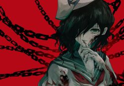 Rule 34 | 1girl, anchor print, black hair, blood, blood on arm, blood on clothes, blood on face, blood on hands, chain, fang, fingernails, green eyes, green sailor collar, hat, highres, long fingernails, looking at viewer, medium hair, mitsusame, murasa minamitsu, neckerchief, red background, red neckerchief, sailor collar, sailor hat, shirt, solo, touhou, undefined fantastic object, white shirt