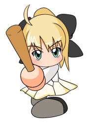 1girl ahoge artoria_pendragon_(fate) baseball_bat batting_stance black_ribbon black_shoes blonde_hair blush chibi chibi_only chiidu fate/grand_order fate_(series) green_eyes hair_ribbon holding holding_baseball_bat jikkyou_powerful_pro_yakyuu jikkyou_powerful_pro_yakyuu_(style) looking_at_viewer no_mouth parody rayman_limbs ribbon saber_(fate) shoes simple_background skirt solo style_parody v-shaped_eyebrows white_background yellow_skirt