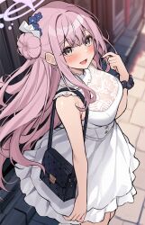 1girl :d bag bare_arms blue_archive blurry blurry_background blush breasts brown_hair commentary_request dress earrings hair_between_eyes hair_bun hair_ornament halo handbag highres jewelry looking_at_viewer medium_breasts mika_(blue_archive) open_mouth outdoors pink_hair pink_halo scrunchie sidelocks sleeveless sleeveless_dress smile solo standing white_dress wrist_scrunchie xe_(execut3r)