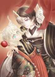 Rule 34 | 2boys, absurdres, aqua eyes, arm around back, armor, black bow, black hanfu, black kimono, bow, breastplate, brooch, brown hair, candy apple, chinese clothes, chinese commentary, closed mouth, commentary request, covered mouth, cowboy shot, dot nose, dragon horns, earrings, floral print, flower, food, fox mask, fox print, grey eyes, hair between eyes, hakama, hakama skirt, half mask, hanfu, highres, holding, holding food, holding mask, horns, japanese clothes, jewelry, kimono, lace-trimmed sleeves, lace trim, leaning back, light blush, light particles, lips, long sleeves, looking at another, luming, male focus, mask, multiple boys, nikki (series), one eye covered, pale skin, pink lips, qin yi, red background, red hakama, shining nikki, short hair, skirt, smile, striped bow, striped clothes, striped kimono, stud earrings, tareme, vertical-striped clothes, vertical-striped kimono, waist bow, watermark, weibo watermark, white flower, white hair, white horns, white mask, wide sleeves, xiaoyu qixing, yaoi