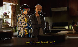 2boys bald beanie blonde_hair breaking_bad crying facial_hair glasses goatee hat highres hood hoodie huyandere jacket jesse_pinkman male_focus multiple_boys open_clothes open_hoodie open_jacket shirt subtitled t-shirt walter_white