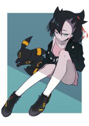 1girl aqua_background asymmetrical_hair bare_legs black_choker black_footwear black_hair black_jacket choker dress earrings gen_2_pokemon green_eyes hair_ribbon highres jacket jewelry looking_at_viewer marie_(pixiv59672544) marnie_(pokemon) medium_hair nintendo pink_dress pokemon pokemon_(creature) pokemon_swsh ribbon shoes short_dress sitting sleeping sneakers umbreon undercut