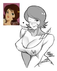 1960s_(style) 1girl 2021 absurdres alternate_breast_size artist_name bare_arms bare_shoulders blush bow breasts brown_eyes brown_hair cleavage comparison covered_erect_nipples cropped_torso female_focus hair_bow heart highres kansu_kansu mach_go_go_go medium_breasts modern_drawing_style monochrome oldschool one_eye_closed retro_artstyle shimura_michi shirt short_hair simple_background sleeveless sleeveless_shirt solo trixie upper_body v_arms white_background wink yellow_bow