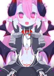 1girl absurdres armored_gloves armored_skirt asmodeus_(eco) blue_skin breasts cleavage colored_skin demon_girl demon_horns demon_wings detached_sleeves elbow_gloves emil_chronicle_online gloves heart heart-shaped_pupils highres horns large_breasts looking_at_viewer midriff navel pink_hair pointy_ears red_eyes symbol-shaped_pupils white_background wings yuzujampot