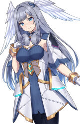 1girl absurdres black_pantyhose blue_dress blue_eyes breasts commentary_request cowboy_shot detached_sleeves dress feathered_wings flower gloves gold_trim grey_hair hand_on_own_chest head_wings highres layered_dress light_smile long_hair medium_breasts melia_antiqua pantyhose ribbed_dress shinae sidelocks two-tone_dress white_dress white_gloves wings xenoblade_chronicles_(series) xenoblade_chronicles_3