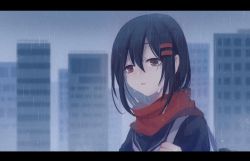 1girl bag black_hair black_serafuku brown_eyes building carrying_bag city cityscape crying crying_with_eyes_open enpera eyebrows_hidden_by_hair grey_sky guozibuding hair_between_eyes hair_ornament hairpin kagerou_project letterboxed looking_away mekakucity_actors multiple_hairpins neckerchief rain red_scarf sad scarf school_bag school_uniform serafuku sky solo tateyama_ayano tears town urban white_neckerchief
