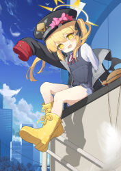 1girl absurdres biluoyao black_coat black_dress black_hat black_ribbon black_wings blonde_hair bloomers blue_archive blue_sky blush boots bow child coat demon_girl demon_wings dress flat_chest halo hat hat_bow highres ibuki_(blue_archive) long_sleeves looking_at_viewer military_hat neck_ribbon open_mouth outdoors peaked_cap pinafore_dress pink_bow red_ribbon ribbon rubber_boots shirt short_dress side_ponytail sitting sky sleeveless sleeveless_dress sleeves_past_fingers sleeves_past_wrists solo underwear white_bloomers white_shirt wings yellow_boots yellow_eyes yellow_halo
