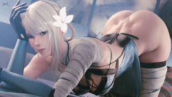 1girl 3d ass bandaged_arm bandaged_leg bandaged_neck bandages black_gloves blender_(medium) braid braided_hair_rings breasts commentary dimples_of_venus english_commentary flower gloves hair_flower hair_ornament hair_rings highres kaine_(nier) large_breasts lingerie long_hair looking_at_viewer negligee nier nier_(series) seven_(sixplusone) skindentation solo top-down_bottom-up underwear white_flower white_hair yellow_eyes