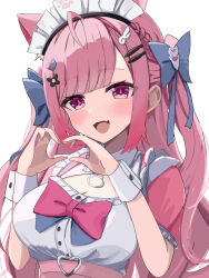 1girl absurdres ahoge animal_ears belt blue_bow blush bow breasts cat_choker cat_ears cat_girl cleavage cleavage_cutout clothing_cutout commentary dress english_commentary extra_ears fangs fish_hair_ornament ghost_hair_ornament hair_bow hair_ornament hairclip heart heart_hair_ornament highres indie_virtual_youtuber long_hair looking_at_viewer maid maid_headdress open_mouth paw_print pink_belt pink_bow pink_dress pink_eyes pink_hair short_sleeves simple_background skin_fangs smile solo theon_(te2eo) two_side_up virtual_youtuber white_background white_wrist_cuffs wing_hair_ornament wrist_cuffs yuuki_sakuna