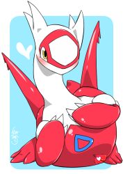 1girl animal_focus animal_sexualization artist_name blue_background blush border censored claws cleft_of_venus female_focus full_body gen_3_pokemon hands_on_own_chest hands_up heart heart_censor kazamidoririnn latias legendary_pokemon looking_afar nintendo no_humans outside_border pokemon pokemon_(creature) pussy shiny_skin signature simple_background solo white_border yellow_eyes