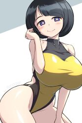 1girl artist_name black_hair bob_cut breasts competition_swimsuit gundam gundam_gquuuuuux highres large_breasts looking_at_viewer one-piece_swimsuit pataneet purple_eyes shiiko_sugai short_hair smile solo swimsuit turtleneck turtleneck_one-piece_swimsuit two-tone_swimsuit yellow_one-piece_swimsuit