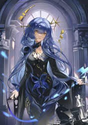 1girl absurdres arcana_(reverse:1999) arch black_dress black_hands blue_hair chess_piece chinese_commentary colored_extremities colored_tears commentary_request cowboy_shot dress highres indoors knight_(chess) long_dress long_hair long_sleeves official_alternate_costume parted_lips pawn_(chess) queen_(chess) reverse:1999 rook_(chess) solo very_long_hair wand_in_head yellow_eyes yuki_sweet_tea