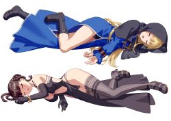 2girls absurdres black_thighhighs blonde_hair blue_dress blue_eyes boots braid breasts brown_eyes brown_hair closed_eyes commission crossover dead_or_alive defeat dress elbow_gloves fainted full_body gloves goeniko highres lei_fang long_hair long_sleeves lying m.u.g.e.n medium_breasts multiple_girls navel nun on_side open_mouth pixiv_commission snk tecmo the_king_of_fighters thighhighs thighs transparent_background twin_braids unconscious yagi2013