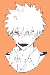 1boy 2tdut bakugou_katsuki blush boku_no_hero_academia collarbone collared_shirt cropped_shoulders fangs greyscale_with_colored_background highres looking_at_viewer male_focus open_collar open_mouth orange_background orange_eyes shirt short_hair simple_background solo spiked_hair sweat teeth upper_teeth_only wing_collar