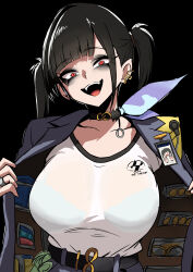 1girl :d absurdres belt black_background black_belt black_choker black_hair blue_jacket bra_visible_through_clothes breasts choker fangs goddess_of_victory:_nikke highres id_card jacket jewelry large_breasts nagainegi open_clothes open_jacket open_mouth red_eyes ring see-through_clothes see-through_shirt shirt simple_background smile solo sora_(nikke) twintails upper_body white_shirt