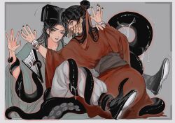 2boys ass bags_under_eyes bandaged_fingers bandaged_wrist bandages black_boots black_hair black_hat black_nails blood blood_on_arm bloody_bandages boots border bracelet chinese_clothes chinese_commentary coin coin_mask creature dao_gui_yi_xian folding_fan full_body green_hanfu grey_background grey_eyes hair_bun hair_ribbon half_updo hand_fan hand_on_another&#039;s_shoulder hands_up hanfu hat highres holed_coin jewelry jin_(headwear) li_huowang li_sui_(tentacles) long_hair long_sleeves looking_at_viewer looking_back male_focus mask mouth_veil multiple_boys nail_polish outside_border pants paper_fan parted_lips red_eyes red_hanfu red_ribbon ribbon robe sash shoe_soles shoes simple_background single_hair_bun sitting slime_(substance) string sweatdrop tentacles tentacles_on_male veil white_pants wide_sleeves yansi111 yaoi zhouzi_jin_(headwear) zhuge_yuan