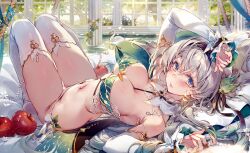 1girl apple bead_bracelet beads bird black_hairband bracelet breasts commentary detached_sleeves english_commentary firefly_(honkai:_star_rail) food fruit goose green_tube_top grey_hair hairband hieihirai highres honkai:_star_rail honkai_(series) indoors jewelry knees_up large_breasts looking_at_viewer navel on_bed panties parted_lips purple_eyes reclining revision shirt solo stomach strapless thighhighs tube_top underwear unworn_shirt white_panties white_sleeves white_thighhighs
