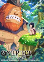 +++ 1boy 1girl arm_hair bashikou beard black_hat blunt_bangs child commentary_request copyright_name dress facial_hair hat jaguar_d._saul medium_hair nico_robin official_art on_grass one_piece one_piece_card_game orange_hair outdoors purple_dress round_teeth sleeveless sleeveless_dress smile sparkle teeth