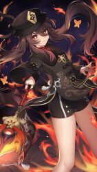 Rule 34 | 1girl, black hat, black nails, black shorts, brown eyes, brown hair, brown jacket, bug, butterfly, chinese clothes, commentary request, dutch angle, feet out of frame, fire, flower, flower-shaped pupils, genshin impact, hair between eyes, hako momiji, hat, hat flower, highres, holding, holding staff, hu tao (genshin impact), insect, jacket, jewelry, long hair, long sleeves, looking at viewer, multiple rings, nail polish, ring, short shorts, shorts, solo, staff, staff of homa (genshin impact), symbol-shaped pupils, twintails, twitter username, very long hair