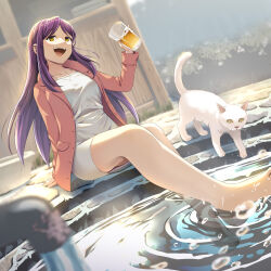 1girl absurdres agira alcohol ashiyu barefoot beer cat coat collarbone commentary_request cup highres holding holding_cup long_hair open_clothes open_coat open_mouth original pink_coat purple_hair sitting smile teeth upper_teeth_only vest water white_cat white_vest