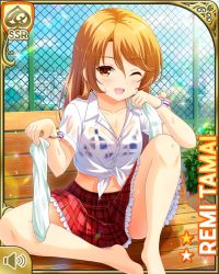 1girl ;d barefoot bench bikini blue_bikini brown_eyes brown_hair card_(medium) chain-link_fence collarbone day fence girlfriend_(kari) looking_at_viewer low_twintails navel official_art one_eye_closed open_mouth outdoors plaid_clothes plaid_skirt pleated_skirt qp:flapper red_skirt school school_uniform shirt sitting skirt smile solo swimsuit swimsuit_under_clothes tagme tamai_remi tied_shirt twintails wet wet_clothes white_shirt wooden_bench