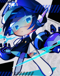 Rule 34 | 1girl, akibevillage, black dress, blue-tinted eyewear, blue eyes, blue hair, blue hat, blue necktie, blush, bob cut, boots, closed mouth, colored eyelashes, commentary request, cookie run, cookie run: tower of adventures, dress, from below, full body, gold buttons, grey background, halftone, hat, highres, legs apart, looking at viewer, marbleberry cookie, mechanical arms, necktie, no pupils, pleated dress, short hair, simple background, skirt, solo, standing, thigh boots, thighhighs, tinted eyewear, twitter username, white boots, white eyelashes, white skirt, zettai ryouiki