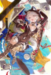 1girl :d absurdres animal_ear_fluff animal_ears armpit_cutout armpits black_choker black_gloves black_jacket blue_eyes boots breasts cat_ears cat_girl choker cipher_(honkai:_star_rail) cleavage clothing_cutout coin fangs fingerless_gloves gem gloves gold_coin hand_up highres honkai:_star_rail honkai_(series) hood hood_up hooded_jacket jacket jewelry knee_up kurikabacha large_breasts looking_at_viewer lying navel navel_cutout necklace on_back open_mouth paw_pose pearl_necklace shorts smile solo thigh_boots treasure_chest unworn_jewelry white_hair white_shorts yellow_boots