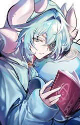 1boy anaxa_(honkai:_star_rail) aqua_hair artist_name blue_eyes blue_pajamas book closed_mouth eyepatch hair_between_eyes half-closed_eyes highres holding holding_book honkai:_star_rail honkai_(series) kats20000 male_focus multicolored_eyes one_eye_covered open_book pajamas pink_eyes simple_background solo two-tone_eyes upper_body white_background