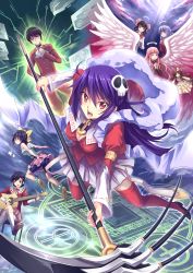Rule 34 | 1boy, 6+girls, angel wings, ayukawa tenri, bare shoulders, black hair, bow, brown hair, circuit board, cosplay, diana (kaminomi), doll, dress, elysia de lute ima, glasses, guitar, hair bow, hair ornament, halo, haqua d&#039;rot herminium, highres, instrument, kami nomi zo shiru sekai, katsuragi keima, kosaka chihiro, kujou tsukiyo, long hair, luna (kaminomi), magic circle, minerva (kaminomi), multiple girls, mystic-san, nakagawa kanon, nakagawa kanon (cosplay), open mouth, purple hair, red eyes, school uniform, scythe, shiomiya shiori, short hair, skull hair ornament, thighhighs, vulcanus (kaminomi), wings