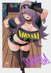 1girl alternate_costume black_gloves black_lips black_shorts black_thighhighs blush breasts camilla_(fire_emblem) cleavage collarbone contemporary cropped_shirt fingerless_gloves fire_emblem fire_emblem_fates fishnet_thighhighs fishnets gloves goth_fashion hair_ornament hair_over_one_eye high_heels highres huge_breasts ihsnet legs lips long_hair looking_at_viewer midriff navel nintendo nirvana_(band) parted_lips purple_eyes purple_hair shirt short_shorts shorts skindentation solo stomach teeth thick_thighs thighhighs thighs tiara very_long_hair wavy_hair