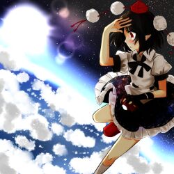 1girl ark_tr black_hair camera cloud fingerless_gloves flying frilled_skirt frills gloves hand_up hat highres holding holding_camera looking_to_the_side pointy_ears pom_pom_(clothes) puffy_short_sleeves puffy_sleeves red_eyes red_hat red_shoes shameimaru_aya shirt shoes short_hair short_sleeves single_fingerless_glove skirt solo space sun tokin_hat touhou white_shirt